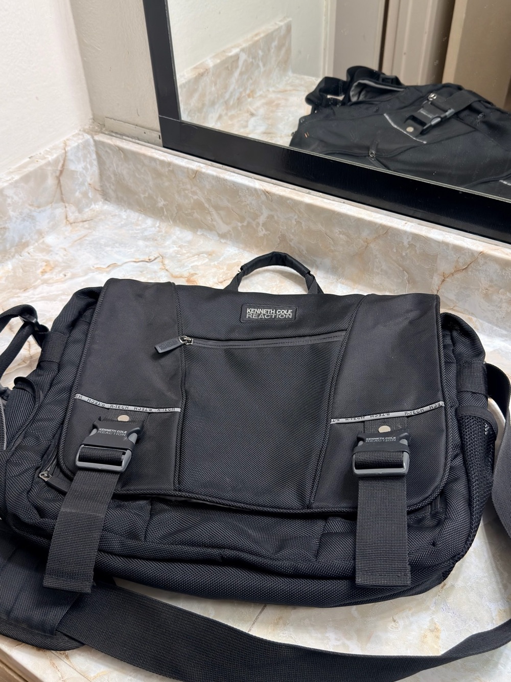 Kenneth Cole Reaction Black Nylon Messenger Bag with Buckle Details